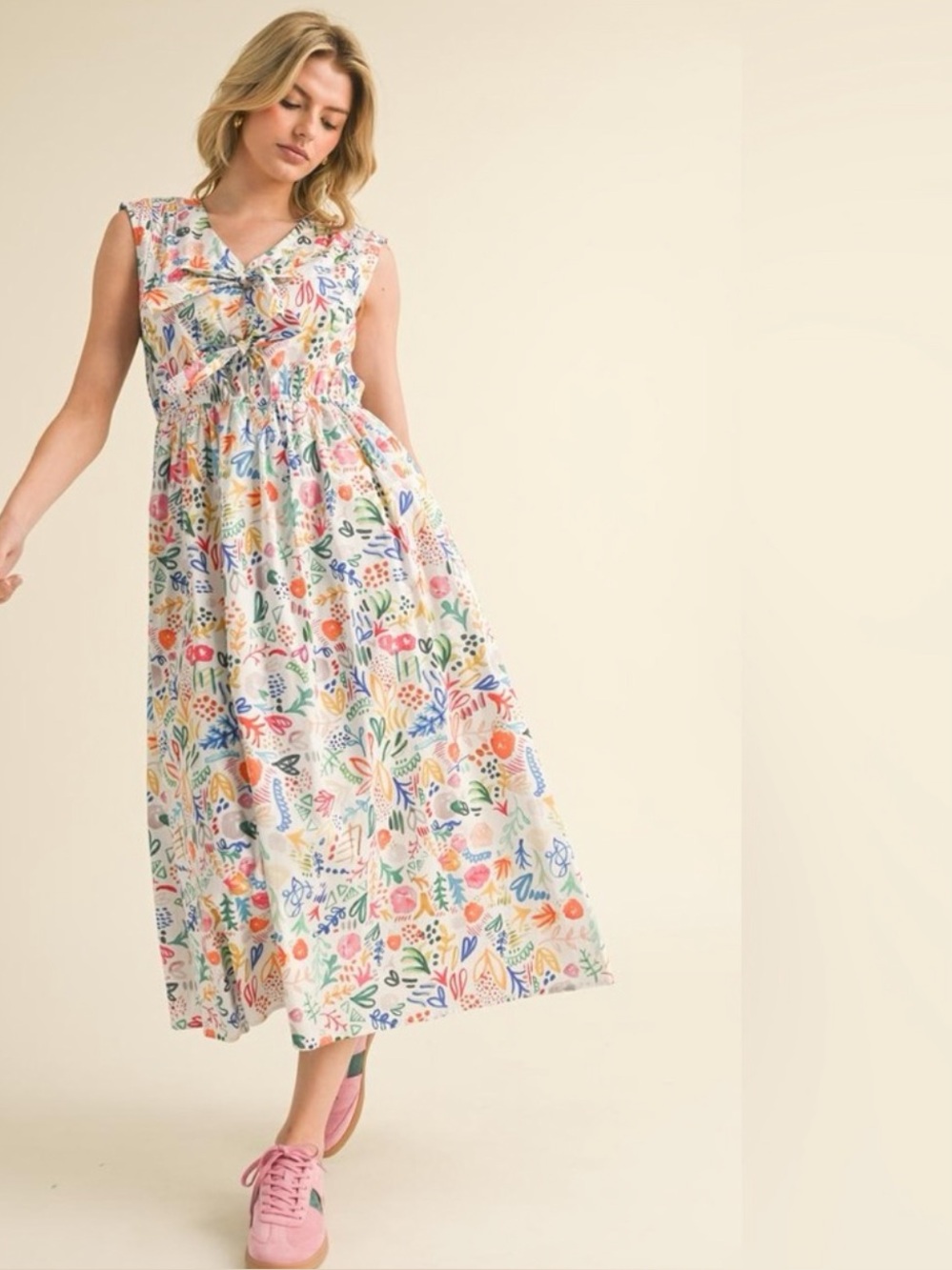 Floral Print Sleeveless Maxi Dress - White Multicolor